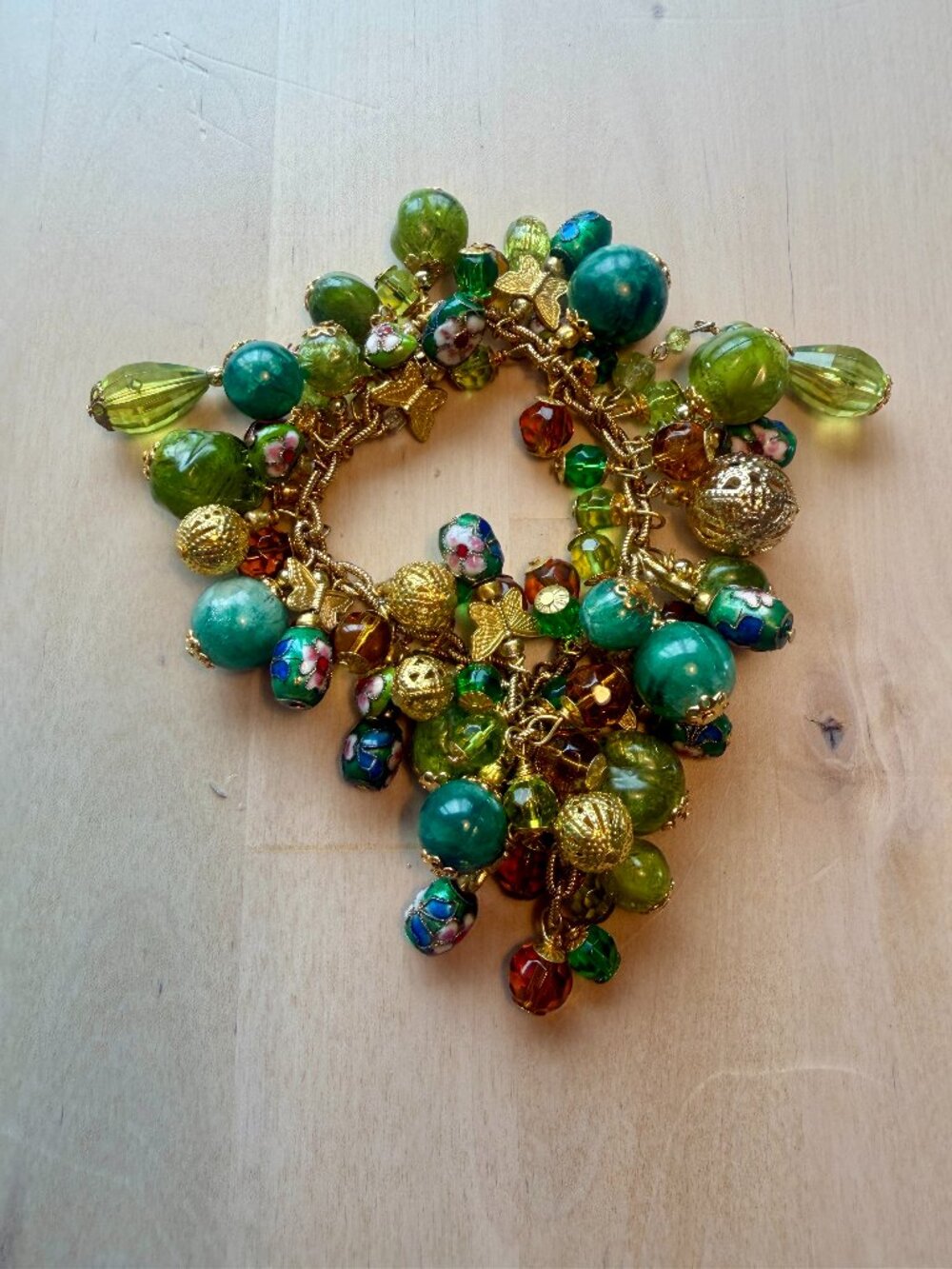Green and Gold Toned Dangling Bracelet